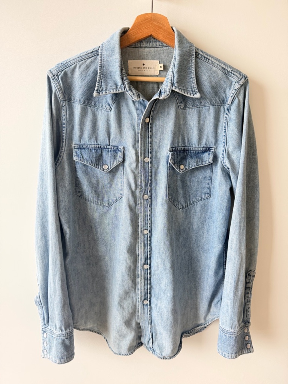 Imogene & Willie Western Pearl Snap Shirt Light Wash Mens Medium Cotton FLAW